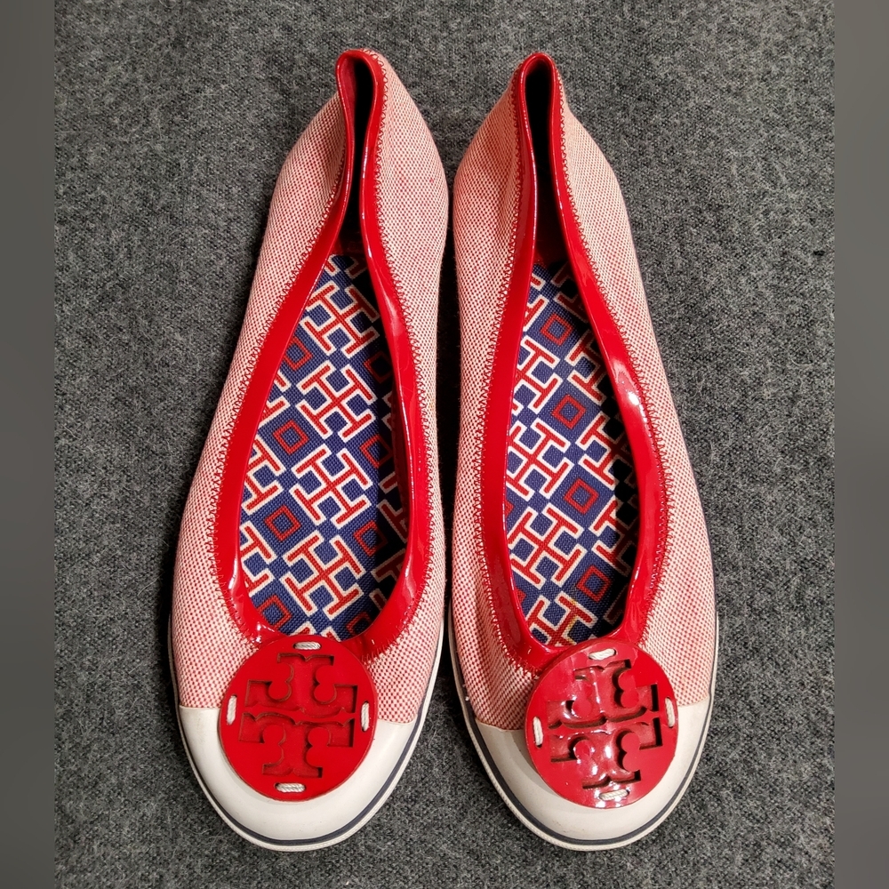 Tory Burch Hardly Canvas Channing Red Patent Leather Ballet Flats Size 11